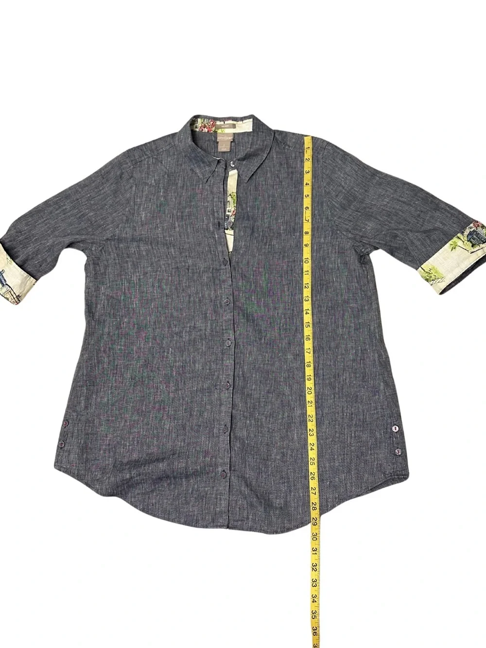Chico’s No Iron 100% Linen Inner Beauty Tunic Shirt Floral Trim Size 2 L - Picture 10 of 11